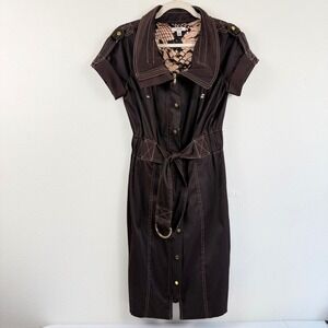 Y2K Caché Earth Tone Brown Military Style Dress Snap Front Utility Size 6